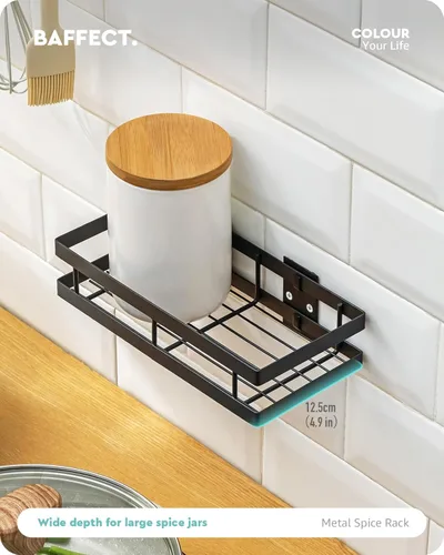 Miniatura 5 de Baffect Estante de metal para especias, estantes flotantes de montaje en pared, paquete de 2 organizadores de almacenamiento negros para puerta