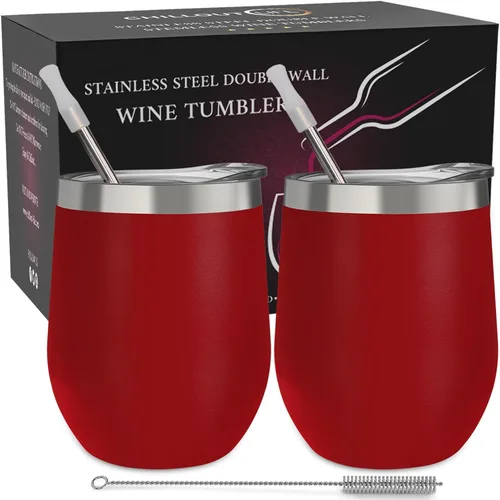 CHILLOUT LIFE Vasos Térmicos de Vino de Acero Inoxidable de 12 oz Paquete de 2 - Vasos de Vino con Aislamiento al Vacío de Doble Pared con Tapas y