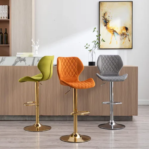 Miniatura 9 de Juego de 2 taburetes de bar de terciopelo ajustables verdes con patas doradas, modernas sillas de bar giratorias para isla de cocina, comedor, bar