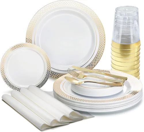 Miniatura 12 de Occasions" - Juego de 125 piezas (25 invitados) - Platos y cubiertos de plástico para boda, vajilla pesada desechable de 10.5 pulgadas, 6.25
