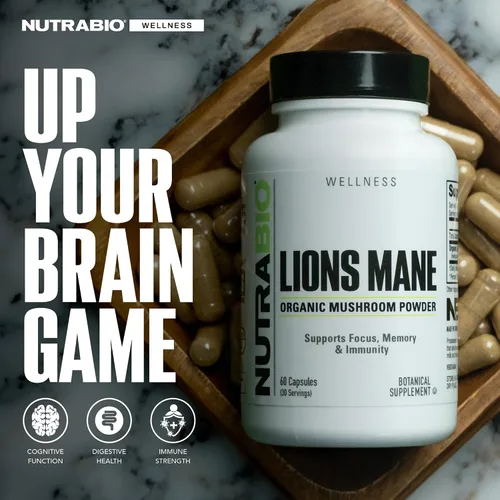 Miniatura 3 de NutraBio Cápsulas orgánicas de suplemento de hongos de melena de león – 500 mg en polvo – Enfoque, memoria, apoyo a la inmunidad – 60 cápsulas