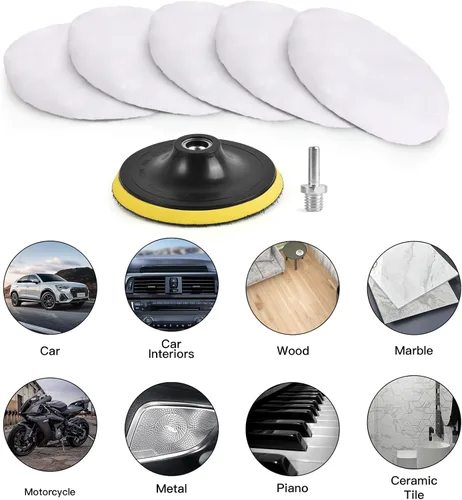 Miniatura 6 de Kshineni Juego de 7 discos de 3 pulgadas (80 mm) de lana para pulido y lustre de coche con adaptador de taladro M10