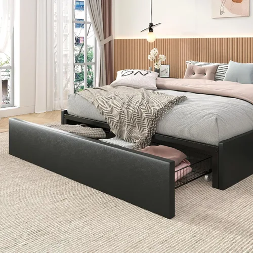 Miniatura 9 de SHA CERLIN Base de cama moderna de plataforma completa con 3 cajones de almacenamiento, diseño de panel lateral de ala, tapizado de piel sintética