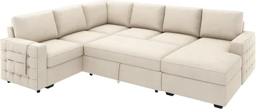 Miniatura 8 de HONBAY Sofá seccional con cama extraíble, sofá cama seccional con almacenamiento, sofás en forma de U para sala de estar, terciopelo beige