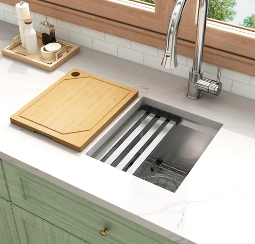 Miniatura 18 de LQS Fregadero pequeño de barra dorada para montaje inferior, fregadero de barra húmeda de PVD dorado y fregadero de cocina RV de 15 x 17 pulgadas
