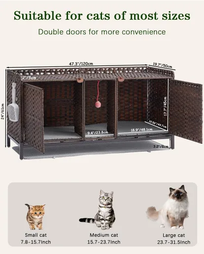 Miniatura 5 de SETVSON Caja de Arena para Gatos para 2 Gatos, Mueble Oculto de Caja de Arena con Alfombra, Casa Grande de Ratán para Gatos con Habitación Doble