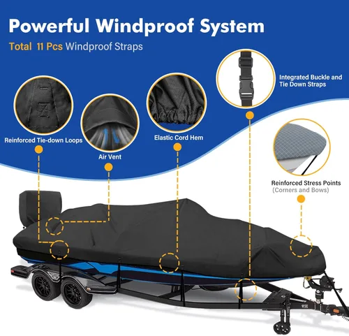 Miniatura 3 de Cubierta Impermeable 1200D para Embarcación – Se adapta a embarcaciones de 16' a 18.5' pies Bass, Casco en V, Tri-Casco, Fish & Ski, Runabout Negro