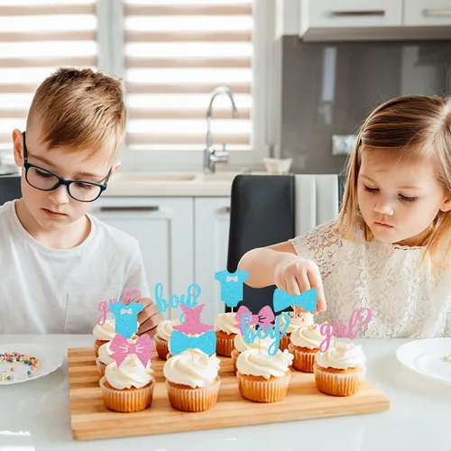 Miniatura 4 de Paquete de 24 adornos para cupcakes para niños o niñas, con purpurina rosa y azul, palillos para cupcakes de baby shower, corbatín, mameluco, mono