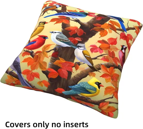 Miniatura 6 de Ouqiuwa Juego de 4 fundas de almohada coloridas con diseño de pájaros de 12 x 12 pulgadas, cuadradas, decorativas, con hojas de arce otoñales