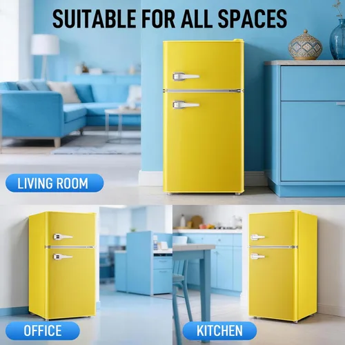 Miniatura 9 de WANAI Mini refrigerador de 2 puertas y 2 manijas con congelador en la parte superior, espacioso refrigerador pequeño de 3.5 pies cúbicos con Amarillo