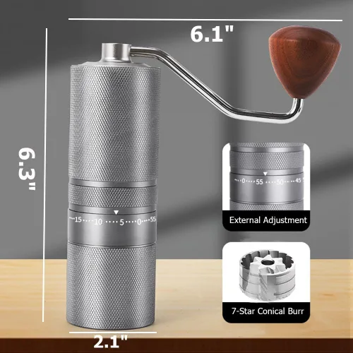 Miniatura 2 de Molinillo de café portátil manual con rebaba cónica de 7 estrellas, ajuste externo de 60 clics, molinillo de café de metal completo para molinillo