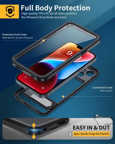Miniatura 3 de Lanhiem Funda para iPhone 14 con soporte, IP68 impermeable a prueba de polvo con protector de pantalla integrado, cuerpo completo, a prueba