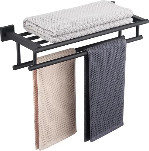 Toallero con estante de 20 pulgadas, toalleros dobles para baño, soporte de toallas de baño negro mate, toallero de acero inoxidable SUS304,