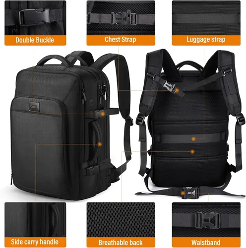 Miniatura 6 de HOMIEE Mochila de viaje de 22 x 14 x 9 aprobada por aerolíneas de 50 L, mochila de viaje extragrande expandible para laptop, color negro
