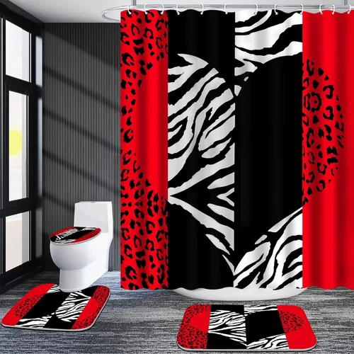Miniatura 5 de Poedist Juego de 4 cortinas de baño, cortinas de ducha con estampado de leopardo rojo con estilo brillante, alfombras