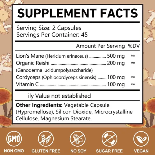 Miniatura 2 de OMOGS Cápsulas de suplemento de complejo de hongos extracto 10:1, suplemento de melena de león con Cordyceps, Reishi, para la salud del cerebro