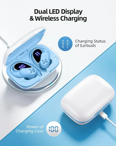 Miniatura 3 de PocBuds - Auriculares Bluetooth inalámbricos con 80 horas de reproducción, estuche de carga inalámbrica, pantalla digital, auriculares deportivos