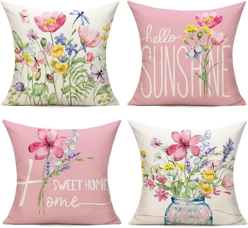 Miniatura 6 de Juego de 4 fundas de cojín decorativas de primavera para exteriores de 16 x 16 pulgadas, diseño de flores de jardín, patio, decoración del hogar
