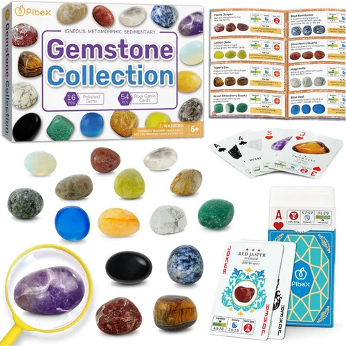PIBEX Colección de piedras preciosas: 16 piezas de gemas y cristales pulidos (1 pulgada / 0.8-1.2 in), kit de geología STEM con guía (idioma español