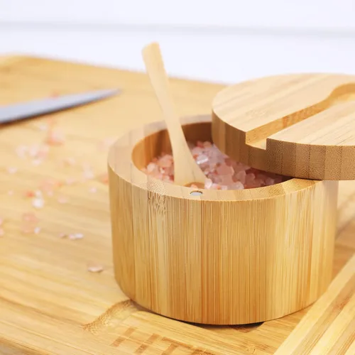 Miniatura 2 de HTB Salero de bambú con cuchara mini, caja de sal de cocina con tapa de cierre magnético giratoria, recipiente redondo de sal para guardar pimienta