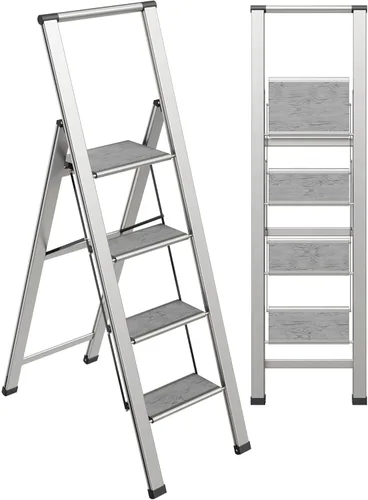 Miniatura 15 de Escalera plegable de 1 escalón, decorativa, hermosa caoba y aluminio negro, perfil ultra delgado, peldaños antideslizantes, resistente y portátil
