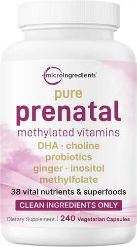 Vitaminas prenatales metiladas puras para mujeres, 240 cápsulas vegetales | 38 en 1 con DHA, colina, probióticos, manganeso, inositol y vitamina A,