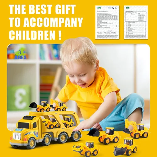Miniatura 7 de Veslier Juguetes de camión de construcción 9 en 1 para edades de 3, 4, 5, 6 años, vehículos con sonidos y luces en camión transportador, juguetes