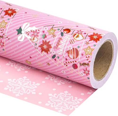 Miniatura 17 de WRAPAHOLIC - Papel de regalo de Navidad reversible, minirollo, 17 pulgadas x 33 pies, diseño de árbol de Navidad con letras “joy”, perfecto