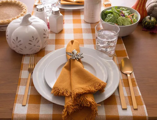 Miniatura 9 de DII - Colección de mesa con flecos pesados y cuadros, camino de mesa, 14x72 pulgadas, calabaza y especias Naranja