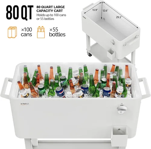 Miniatura 6 de VINGLI Baúl de hielo rodante de 80 cuartos de galón, carrito portátil para fiestas en el patio, bar, con estante, piscina de bebidas con abridor
