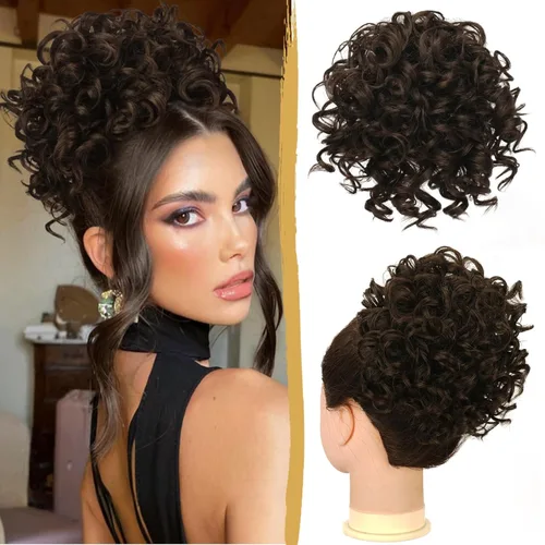 Miniatura 20 de PEACOCO Extensión de Cola de Caballo Corta y Rizada Moño Desordenado con Cordón Elástico Moño de Cabello Suelto para Mujeres con Cabello Delgado