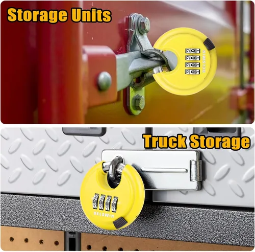 Miniatura 3 de DELSWIN Candado de disco de combinación de 4 dígitos con grillete de acero endurecido Combo Lock para cobertizos, unidad de almacenamiento, Amarillo