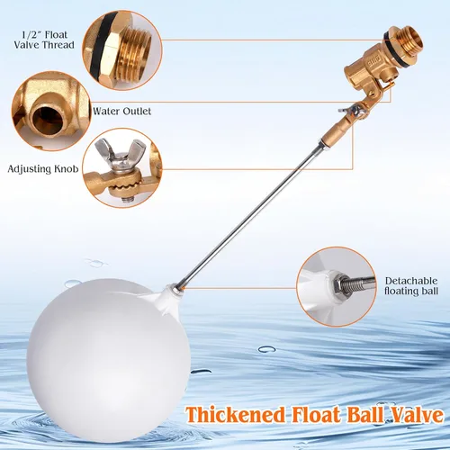 Miniatura 4 de Válvula de flotador Válvula de bola de latón de 1/2 pulgada Brazo ajustable para ganado Canal de agua Tanque de stock Llenado automático para agua