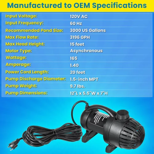 Miniatura 3 de 91018 3000 GPH Bomba de agua sumergible para fuente de cascada de estanque, sistema de filtro hidropónico para acuario, tanque de peces, piscina Koi