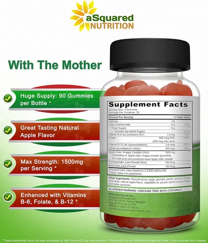 Miniatura 3 de aSquared Nutrition Gomitas de vinagre de sidra de manzana - 1500mg con la madre - 90 gomitas ACV con vitamina B6 y B12, ácido fólico - Suplemento