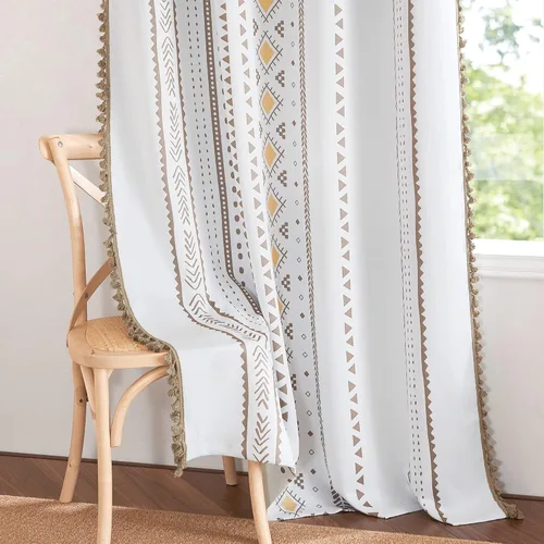 Miniatura 39 de NICETOWN Cortinas bohemias de lino transparente para sala de estar, cortinas semitransparentes de granja con patrón de rayas bohemias, cortinas Gris