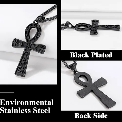 Miniatura 4 de Collar con colgante de cruz de Ankh chapado en acero inoxidable, oro y negro, para hombres y mujeres, con cadena de trigo, joyería religiosa