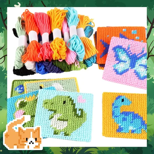 Miniatura 5 de Pllieay Kit de punto de cruz principiante 10 en 1 para niños, kit de bordado incluye 10 piezas de lienzo de malla plástica con patrón, 15 hilos, 5