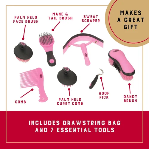 Miniatura 4 de Kit de aseo para caballos de cuero Weaver, juego de cepillos de 7 piezas con bolsa organizadora, cuidado equino, equipo de habitación para pistas