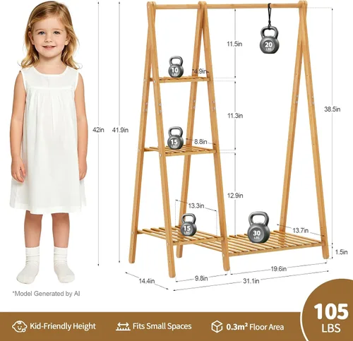 Miniatura 2 de Percheros pequeños para ropa, perchero para colgar ropa de niños, perchero de madera de bambú con estantes, estante de esquina independiente