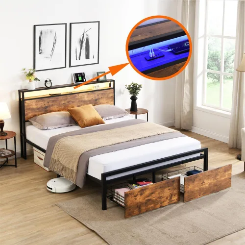 Base de cama de tamaño matrimonial con cajones de almacenamiento y 3 puertos USB, base de cama LED matrimonial con cabecero, plataforma de metal sin