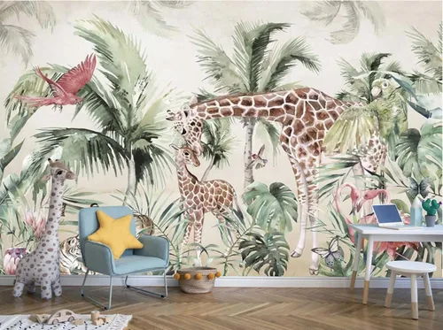 Miniatura 9 de Pegatinas de pared de animales de selva de plantas verdes tropicales, murales de pared personalizados para dormitorios, salas de estar, oficinas