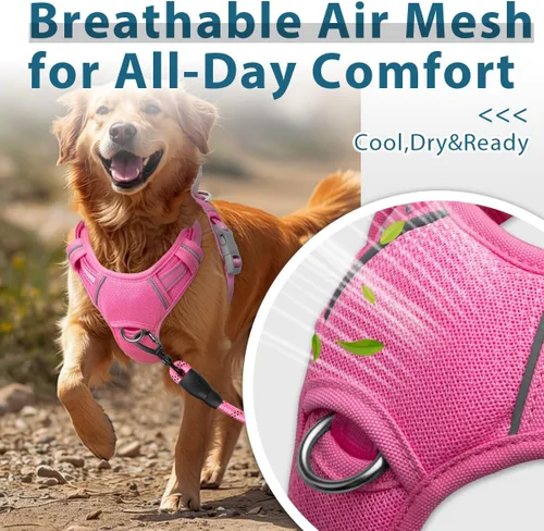Miniatura 4 de BARKBAY Arnés para perro sin tirones con bolsillo para etiqueta de identificación, resistente, reflectante, de fácil control para perros grandes Rosa