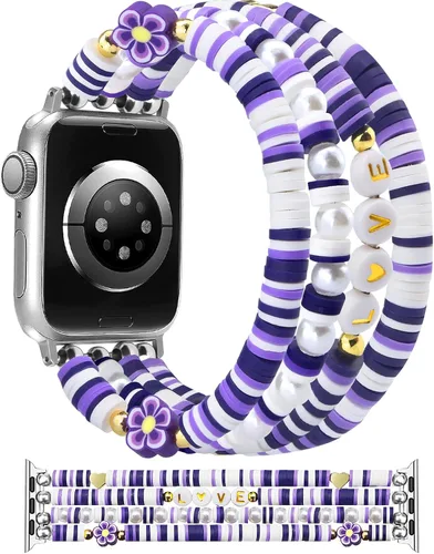 Miniatura 10 de Newlibery - Pulseras de cuentas compatibles con Apple Watch de 38 mm, 40 mm, 41 mm, 42 mm (S10/11) Correa elástica estirada hecha a mano para mujer