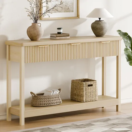 Miniatura 9 de Lulive Mesa Consola Acanalada de 51" para Entrada, Mesa de Entrada con 3 Cajones de Madera, Mesa Estilo Granja Detrás del Sofá para Sala de Estar