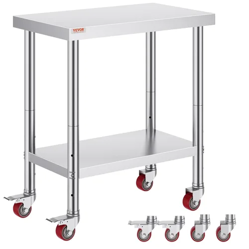 Miniatura 21 de Vevor Mesa de trabajo de acero inoxidable con ruedas de 24 x 12 x 32 pulgadas, mesa de preparación con 4 ruedas, mesa de trabajo resistente