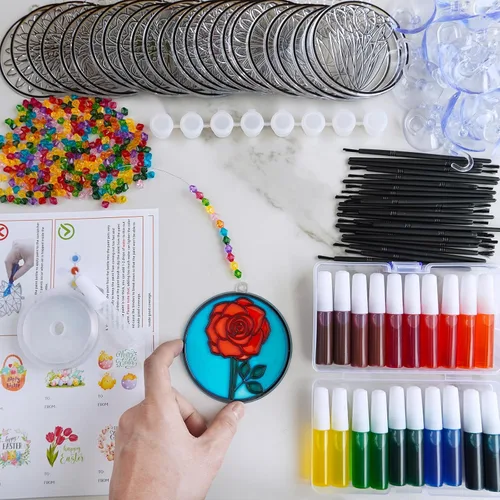 Miniatura 2 de Winlyn Juego de 24 adornos de atrapasoles de flores de primavera, decoración de bricolaje, pintura de ventana, kit de arte para niños, actividades
