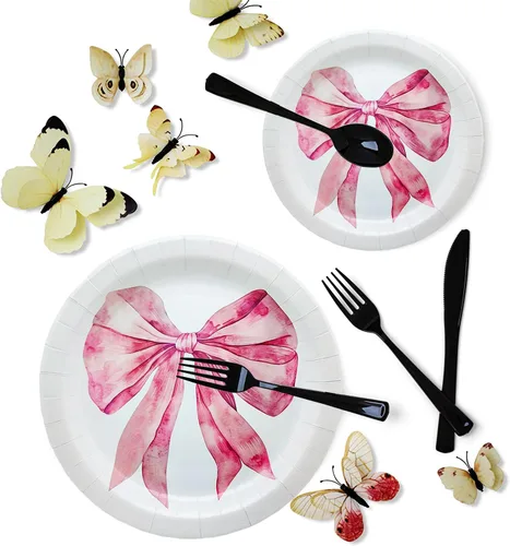 Miniatura 2 de 100 piezas de suministros para fiesta de cumpleaños con lazo rosa, juego de vajilla de lazo rosa de 9 y 7 pulgadas, platos de lazo rosa, tazas