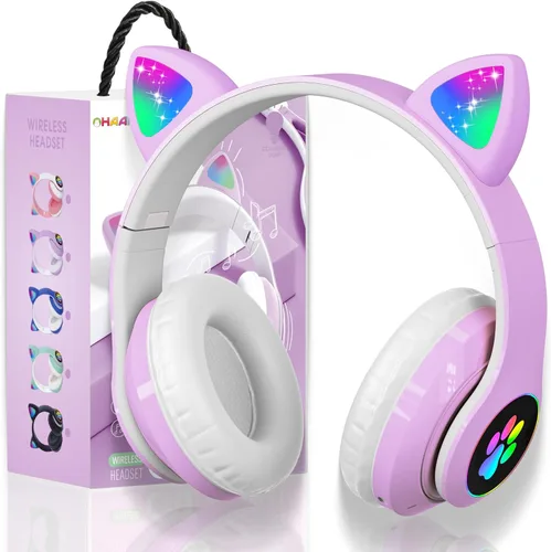Auriculares Bluetooth con cancelación de ruido para niños, auriculares plegables con forma de orejas de gato y luz LED, auriculares con orejas de