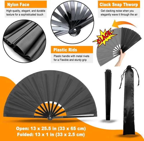 Miniatura 2 de Ventilador de mano plegable grande para rave, ventilador chino plegable de Tai Chi Kung Fu, ideal para festivales, EDM, baile, sofocos, iglesia